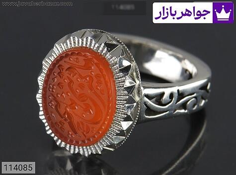 انگشتر نقره عقیق یمنی نارنجی خاک تربت مردانه دست ساز [یا قمر بنی هاشم] - 114085